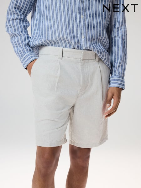 Stone Linen Rich Pleated Chino Shorts (AM0127) | £30