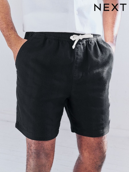 Black 100% Cotton Textured Stripe Drawstring Waist Shorts (AM0130) | £20