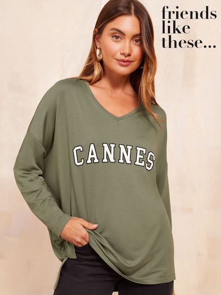 Friends Like These Khaki Graphic Slogan Soft Jersey V-Neck Long Sleeve Tunic Top (AM0228) | £26