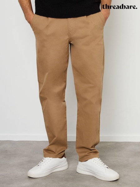 Threadbare Brown Cotton Straight Leg Pleated Chino Trousers With Stretch (AM0254) | £27