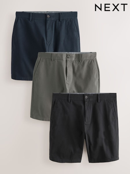 Black/Navy/Charcoal Straight Fit Stretch Chinos Shorts 3 Pack (AM0612) | £56