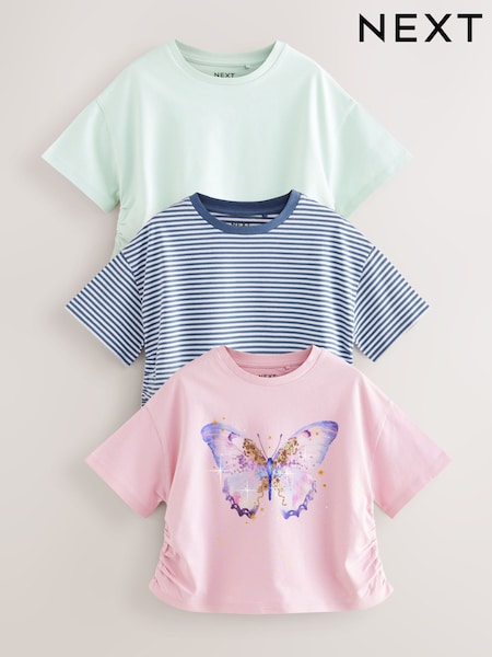 Purple/Aqua Sequin Butterfly Ruche Hem Side T-Shirts 3 Pack (3-16yrs) (AM0630) | £18 - £24
