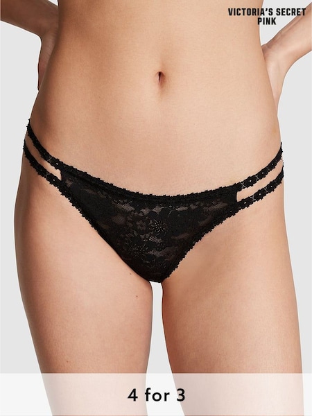 Victoria's Secret PINK Black Double Strap Thong Floral Lace Knickers (AM0848) | £9