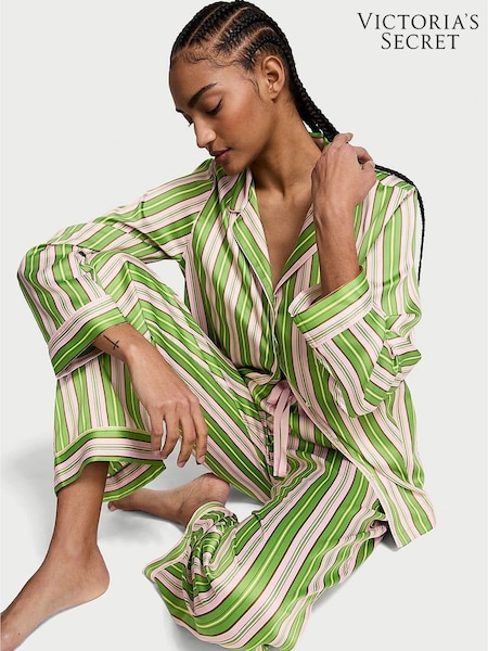 Victoria's Secret Green/Caramel Stripe Satin Long Pyjama Set (AM0875) | £69