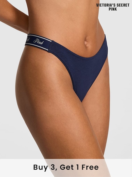 Victoria's Secret PINK Midnight Navy Blue Thong Cotton Logo Knickers (AM0884) | £9