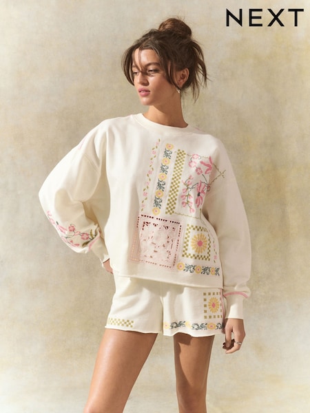 Ecru 100% Cotton Pretty Embroidered Graphic Crewneck Sweatshirt (AM0998) | £41
