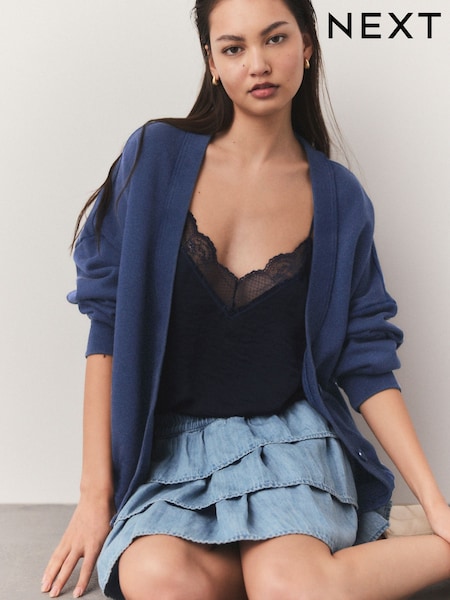 Washed Indigo Blue Boyfriend Oversized Varsity Style Jersey Longline Cardigan (AM1108) | £36