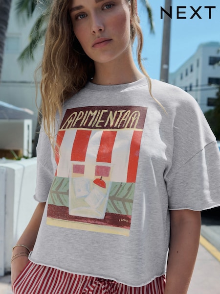 Grey Hand Painted Pimienta Cocktaill Graphic Print Short Sleeve Boxy Heavyweight T-Shirt (AM1111) | £32