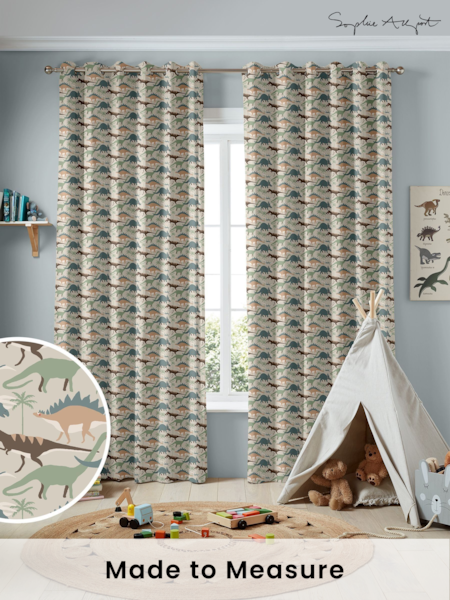 Sophie Allport Natural and Khaki Green Dinosaur Camo Made to Measure 100% Cotton Curtains (AM1156) | £91