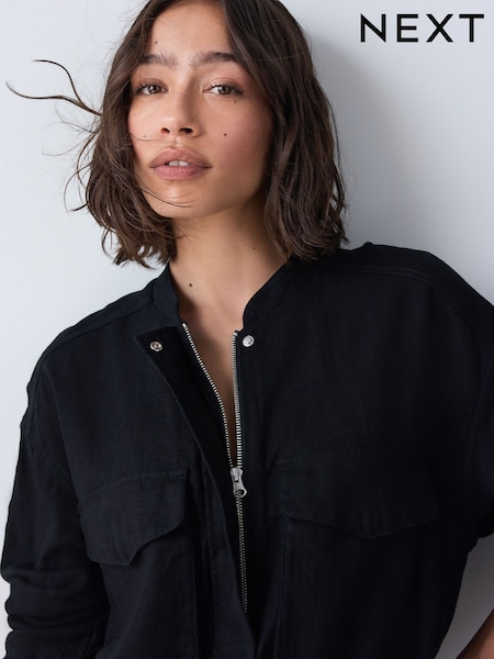 Black Linen Blend Bomber Jacket (AM1308) | £69