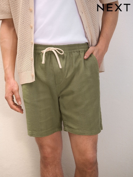 Khaki Green 100% Cotton Textured Stripe Drawstring Waist Shorts (AM1873) | £20