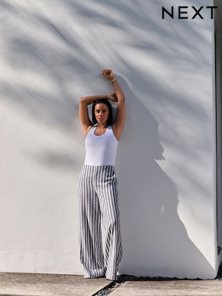 Grey Striped Linen Blend Wide Leg Trousers (AM2178) | £52