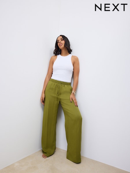 Green Elasticated Tie Waist Wide Leg Trousers (AM2181) | £32