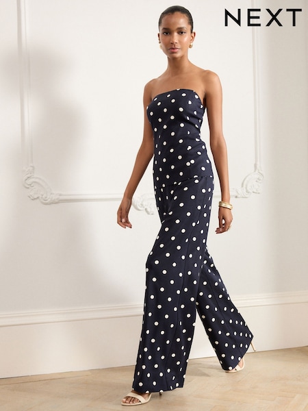 Navy/White Spot Wide Leg Trousers with Linen (AM2186) | £54
