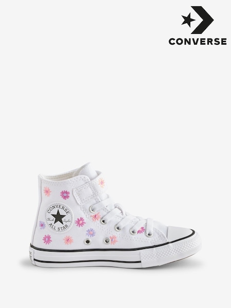 Converse White Junior Chuck Taylor Floral Print 1V Easy On Trainers (AM2350) | £50