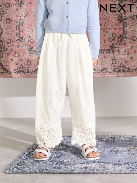 White Wide Leg Embellished 100% Cotton Trousers (3-16yrs) (AM2453) | £24 - £30