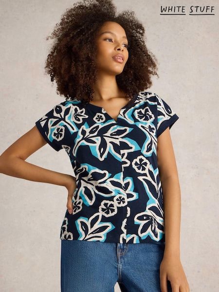 White Stuff Blue 100% Organic Cotton Nelly Notch Neck T-Shirt (AM2513) | £29.50