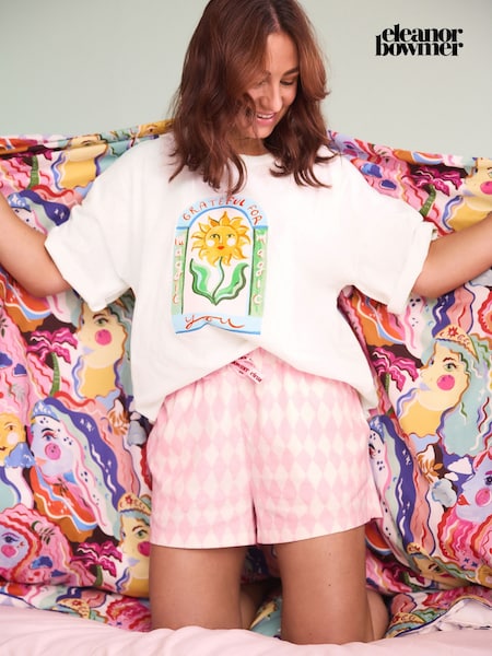 Eleanor Bowmer Pink Graphic 100% Cotton T-Shirt Shorts Pyjamas Set (AM2750) | £32