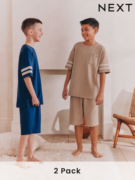 Stone/ Navy Blue 100% Cotton Short Pyjamas 2 Pack (3-16yrs) (AM2785) | £22 - £28