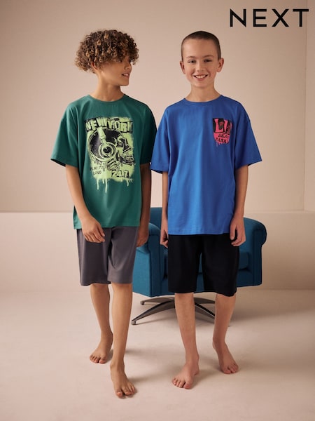 Blue/ Green Cities Short Pyjamas 2 Pack (3-16yrs) (AM2790) | £20 - £26