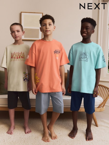 Blue/Pink Skate & Skulls Oversized 100% Cotton Short Pyjamas 3 Pack (5-16yrs) (AM2792) | £28 - £35