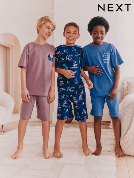 Navy/ Purple Waves Short Pyjamas 3 Pack (3-16yrs) (AM2795) | £26 - £33