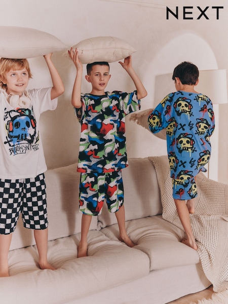 Blue/ White Graffiti Skull Short Pyjamas 3 Pack (3-16yrs) (AM2806) | £26 - £33