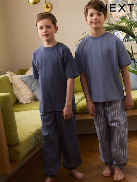 Blue/Grey 100% Cotton Short Sleeve Long Bottoms 2 Pack (3-16yrs) (AM2813) | £24 - £31