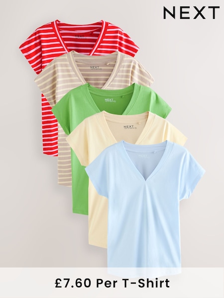 Bontanist Colours V-Neck Cap Sleeve 100% Cotton T-Shirts 5 Pack (AM2895) | £38