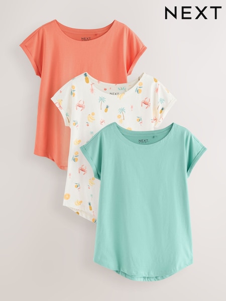 Tropical Print/Blue/Orange Cap Sleeve 100% Cotton T-Shirts 3 Pack (AM2898) | £22.50