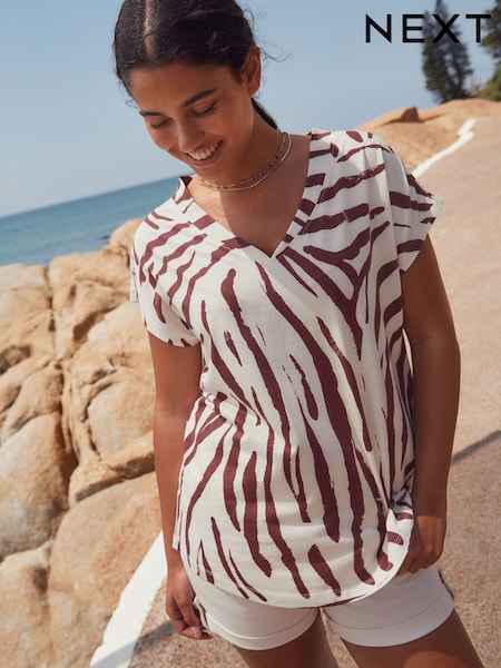 Brown/White Zebra Print V-Neck Cap Sleeve T-Shirt (AM2902) | £9