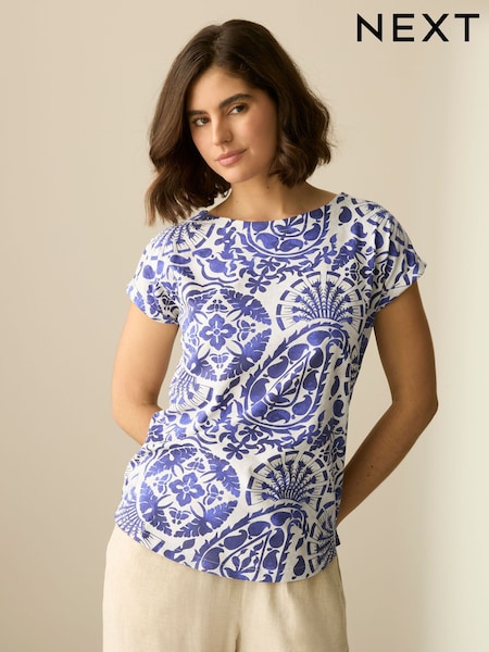 Blue Tile Print Cap Sleeve T-Shirt Top (AM2905) | £9