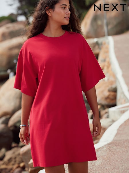 Red Relaxed Fit Short Sleeve 100% Cotton Crew Neck Mini Dress (AM2921) | £19.50
