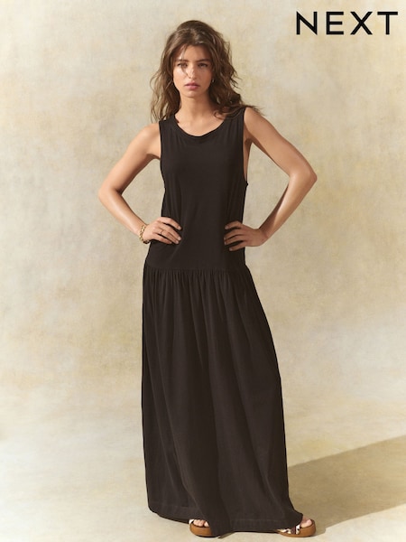 Black Drop Waist Maxi Length Jersey Dress (AM2922) | £22