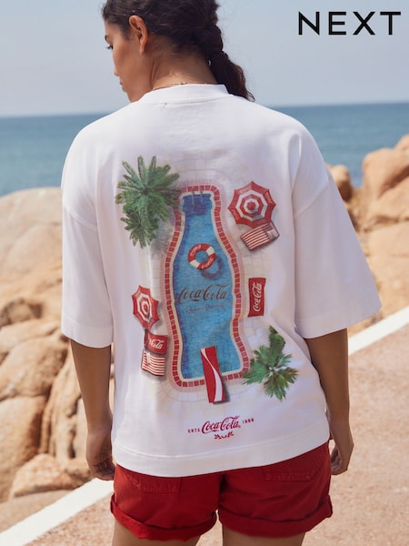 Ecru White Pool Scene Cotton Official Coca Cola Licence Graphic Short Sleeve Crew Neck T-Shirt (AM2924) | £25