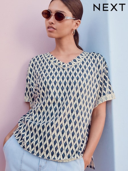 White/Blue Oversized V-Neck Short Sleeve T-Shirt (AM2927) | £20