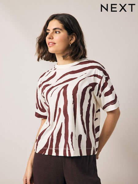 Zebra Print White/Brown Short Sleeve Crew Neck 100% Cotton T-Shirt (AM2942) | £12