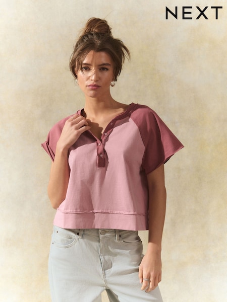 Pink 100% Cotton Shorter Length Raglan Colourblock Short Sleeve Button Henley T-Shirt (AM2953) | £22
