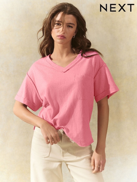 Pink Oversized V-Neck Short Sleeve T-Shirt (AM2955) | £18