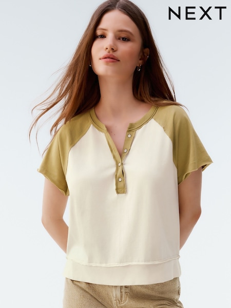 Ecru White and Green 100% Cotton Shorter Length Raglan Colourblock Short Sleeve Button Henley T-Shirt (AM2964) | £22