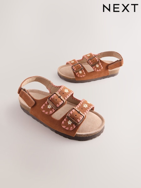 Tan Brown Embroidered Wide Fit (G) Touch Fastening Strap Corkbed Sandals (AM2981) | £22 - £29