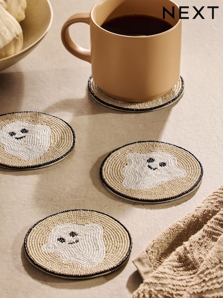 Set of 4 White Halloween Gus the Ghost Beaded Coasters (AM3220) | £14