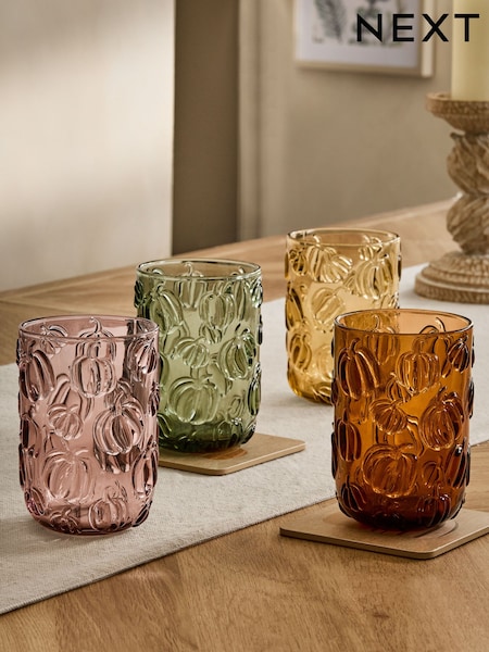 Set of 4 Orange Pumpkin Pressed Tumbler Glasses (AM3223) | £16