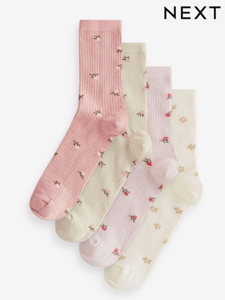 Pink Ditsy Floral RIbbed Ankle Socks 4 Pack (AM3628) | £10