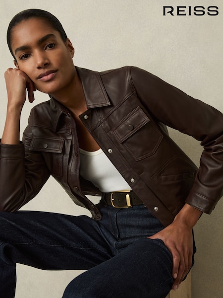 Reiss Burgundy Ely Leather Trucker Jacket (AM3669) | £380