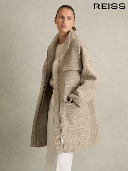 Reiss Neutral Amora Funnel-Neck Herringbone Coat With Wool (AM3670) | £248