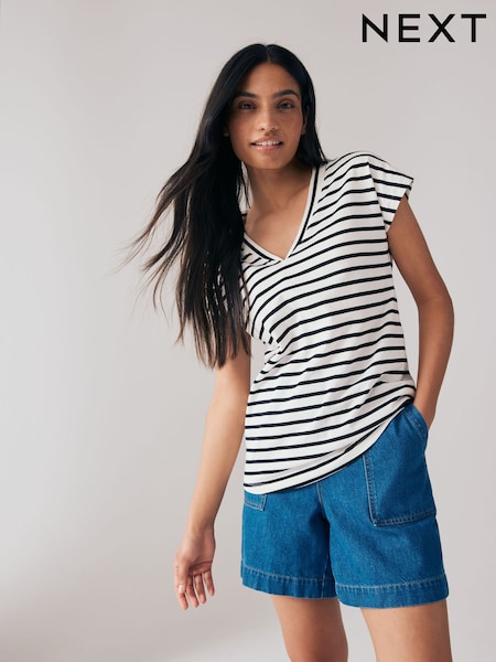 Black/White Monochrome Stripe V-Neck Cap Sleeve T-Shirt (AM3761) | £9