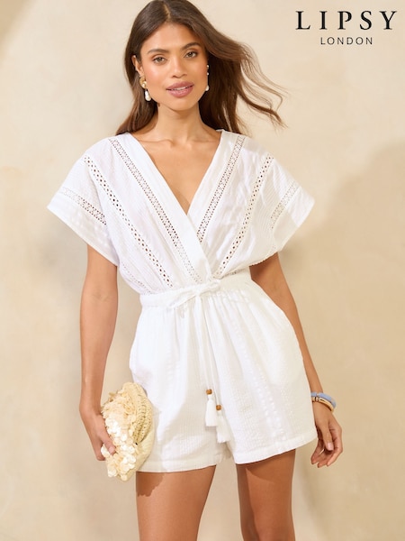 Lipsy White 100% Cotton Short Sleeve Trim Detail Kimono Playsuit (AM3873) | £39