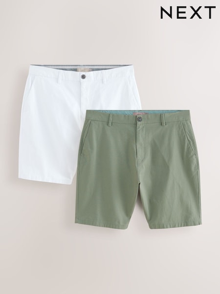 White/ Sage Green Straight Fit Stretch Chino Shorts 2 Pack (AM3949) | £38