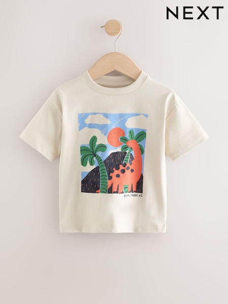 Neutral Dino Scene 100% Cotton Short Sleeve Graphic Print T-Shirt (3mths-8yrs) (AM3977) | £5 - £7